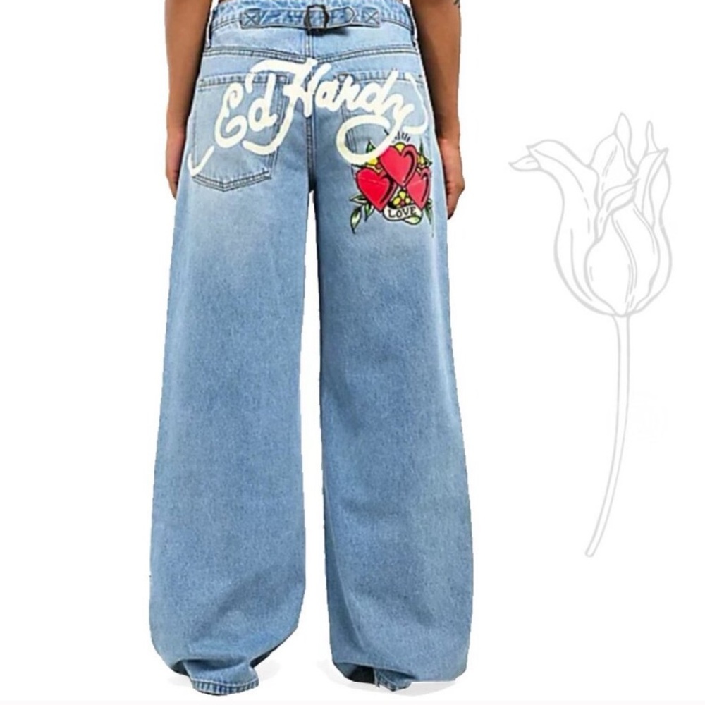 ED HARDY JEANS SZ 32 Y2K 90’S STYLE WIDE LEG TATTOO GRAPHIC PAINTED BLUE